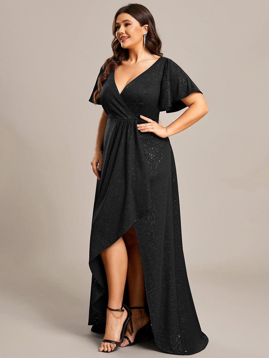 Empire-Waist A-Line Glitter Ruffles High-Low Plus Size Evening Dress with Slit