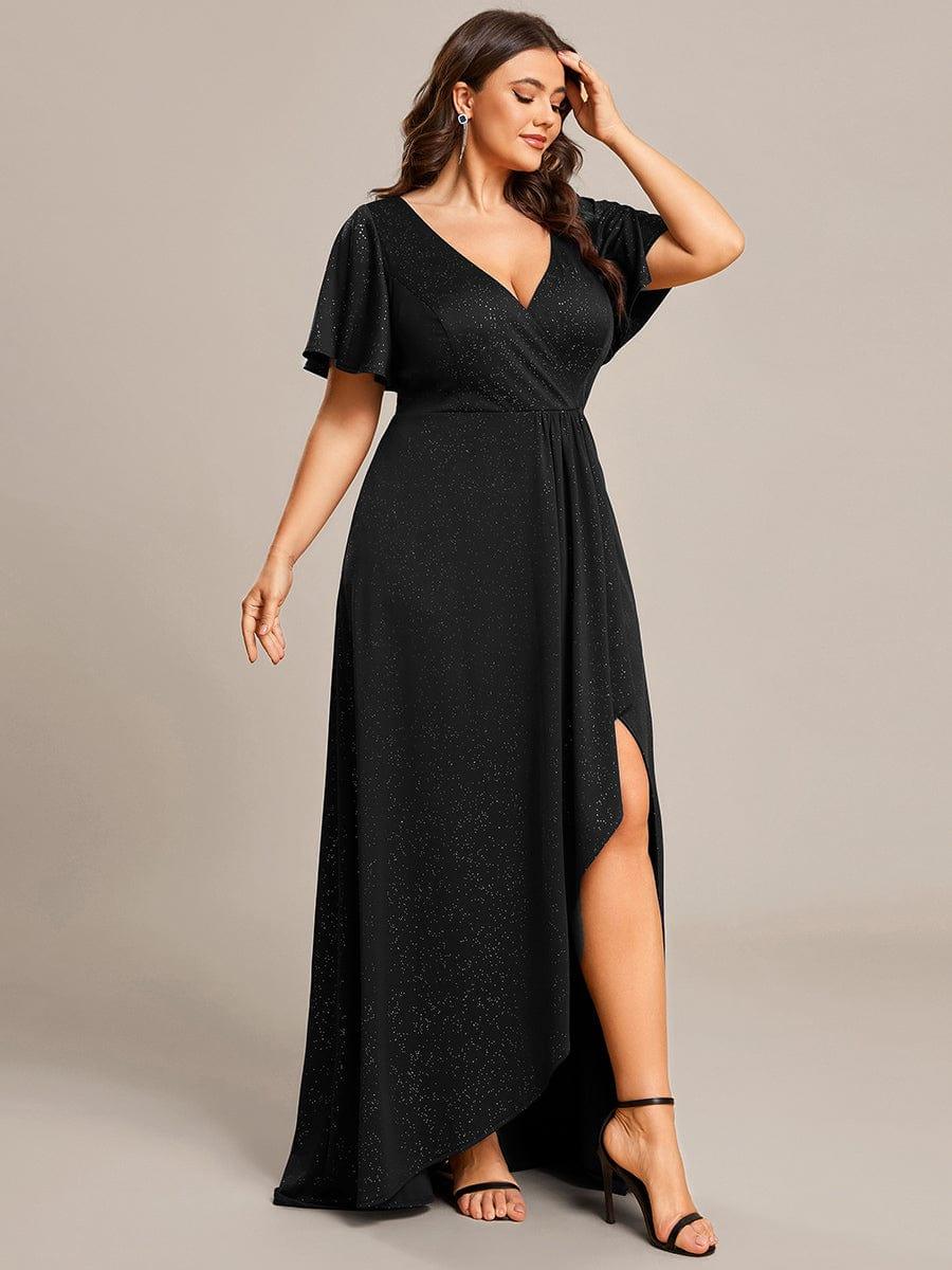 Empire-Waist A-Line Glitter Ruffles High-Low Plus Size Evening Dress with Slit