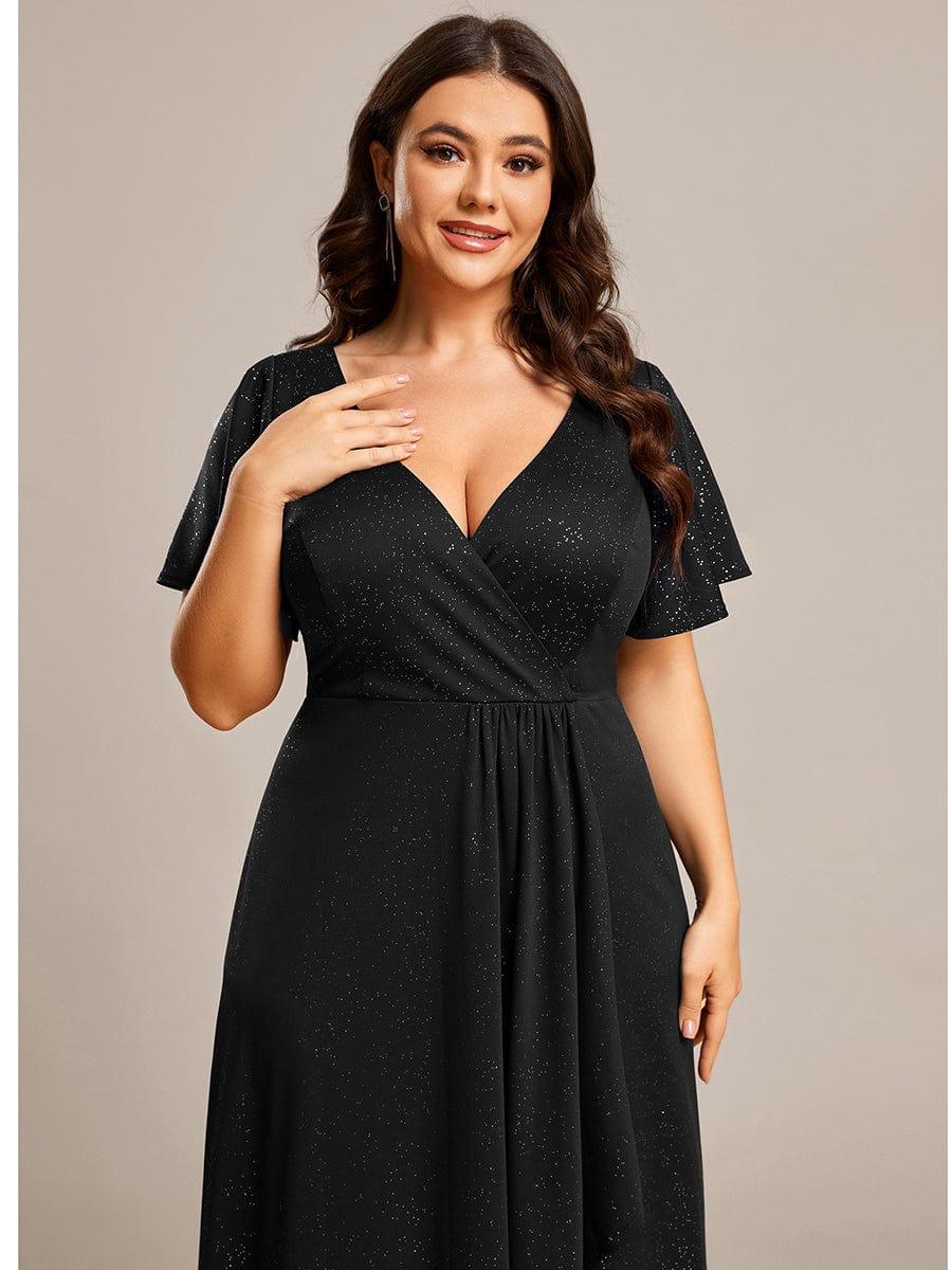 Empire-Waist A-Line Glitter Ruffles High-Low Plus Size Evening Dress with Slit