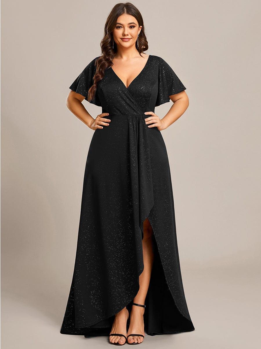 Empire-Waist A-Line Glitter Ruffles High-Low Plus Size Evening Dress with Slit