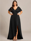 Empire-Waist A-Line Glitter Ruffles High-Low Plus Size Evening Dress with Slit