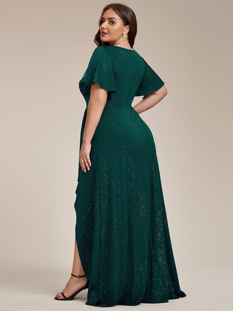 Empire-Waist A-Line Glitter Ruffles High-Low Plus Size Evening Dress with Slit