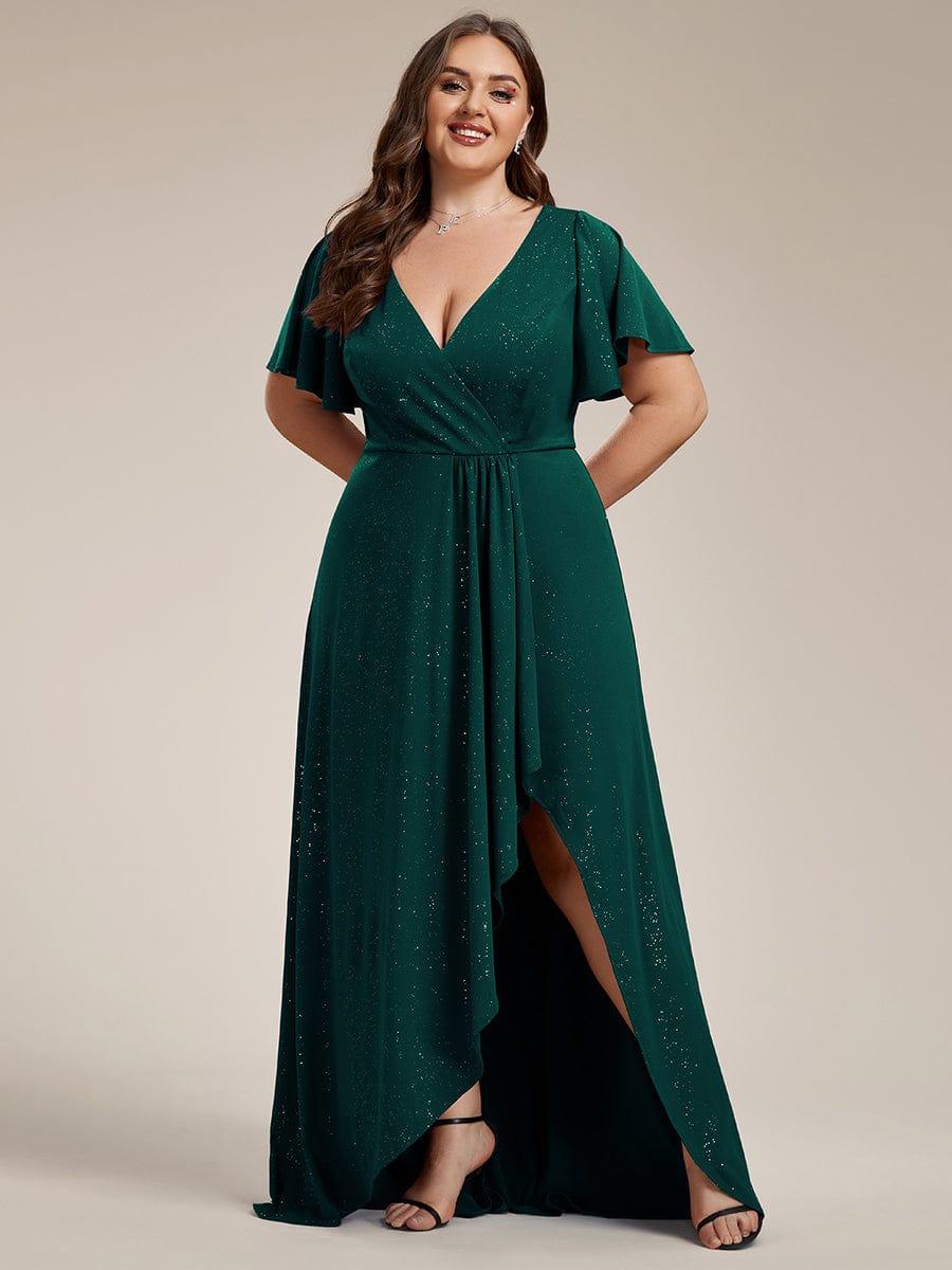 Empire-Waist A-Line Glitter Ruffles High-Low Plus Size Evening Dress with Slit