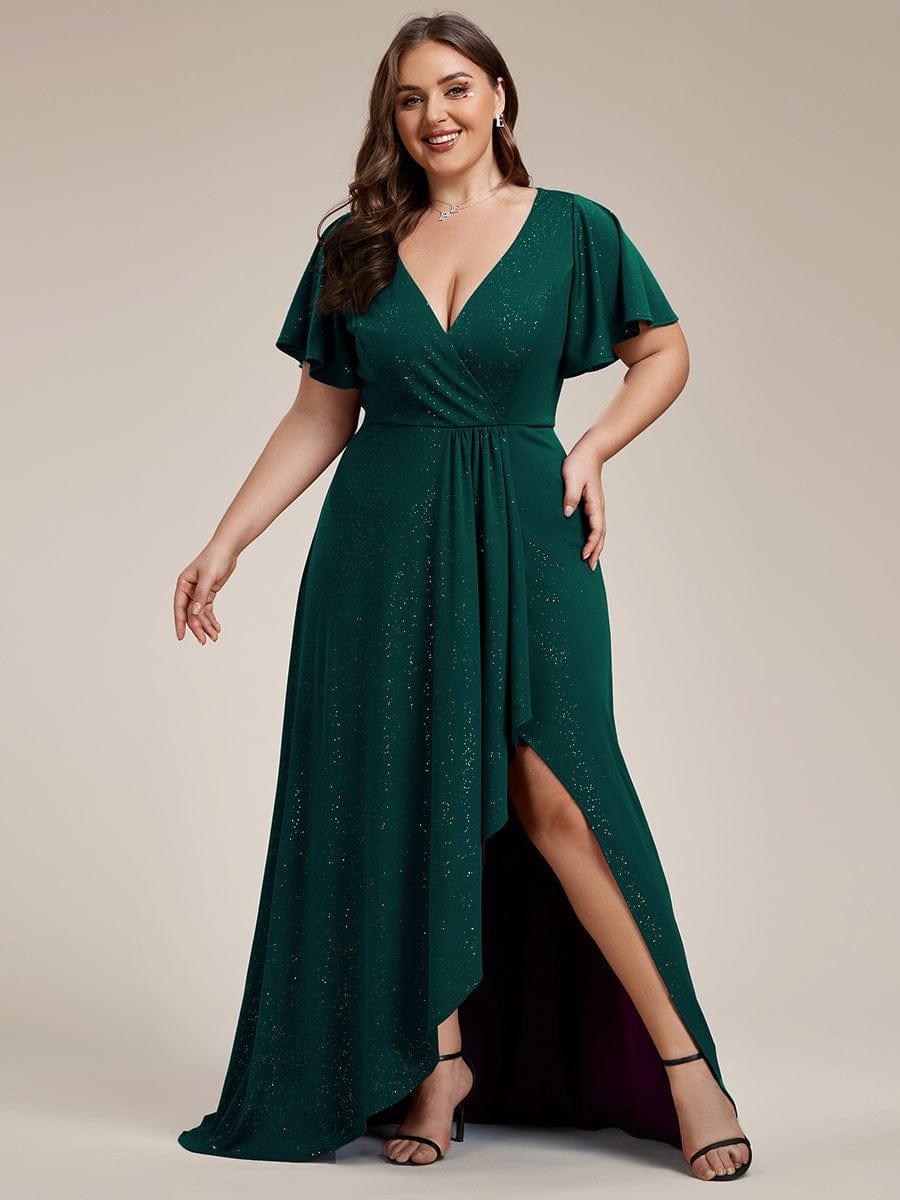 Empire-Waist A-Line Glitter Ruffles High-Low Plus Size Evening Dress with Slit