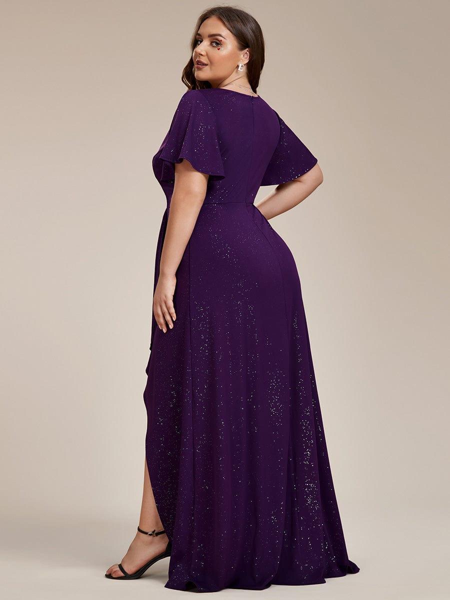 Empire-Waist A-Line Glitter Ruffles High-Low Plus Size Evening Dress with Slit