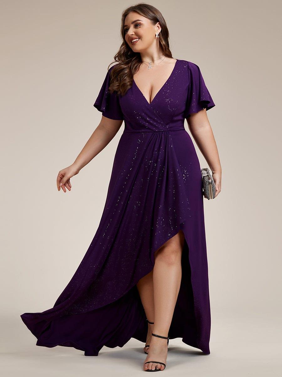Empire-Waist A-Line Glitter Ruffles High-Low Plus Size Evening Dress with Slit
