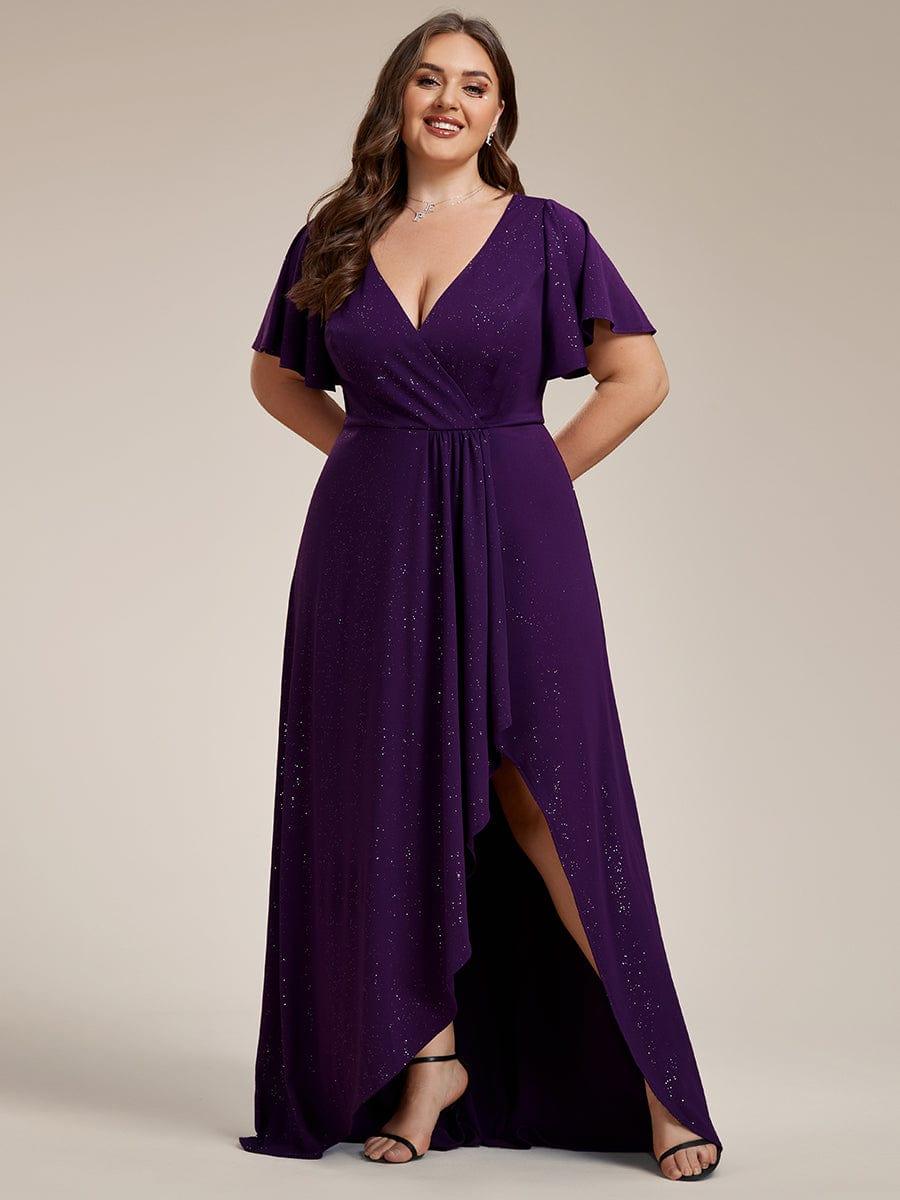 Empire-Waist A-Line Glitter Ruffles High-Low Plus Size Evening Dress with Slit