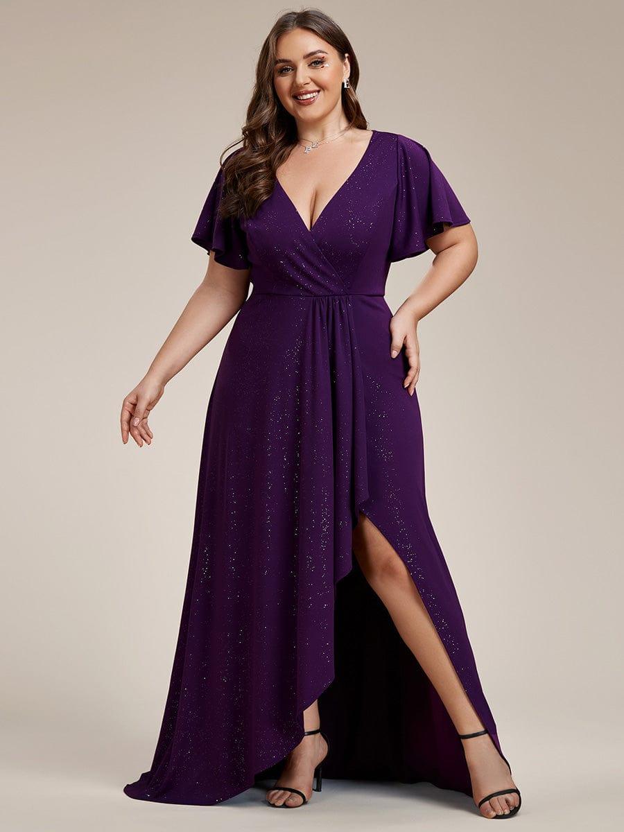 Empire-Waist A-Line Glitter Ruffles High-Low Plus Size Evening Dress with Slit
