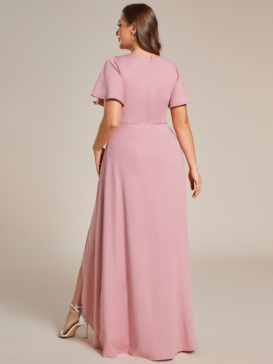Empire-Waist A-Line Glitter Ruffles High-Low Plus Size Evening Dress with Slit