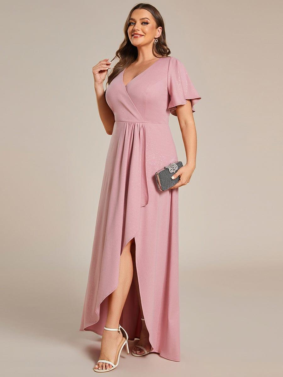 Empire-Waist A-Line Glitter Ruffles High-Low Plus Size Evening Dress with Slit