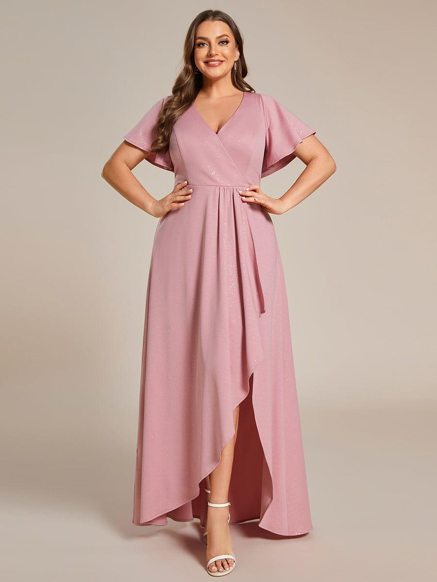 Empire-Waist A-Line Glitter Ruffles High-Low Plus Size Evening Dress with Slit