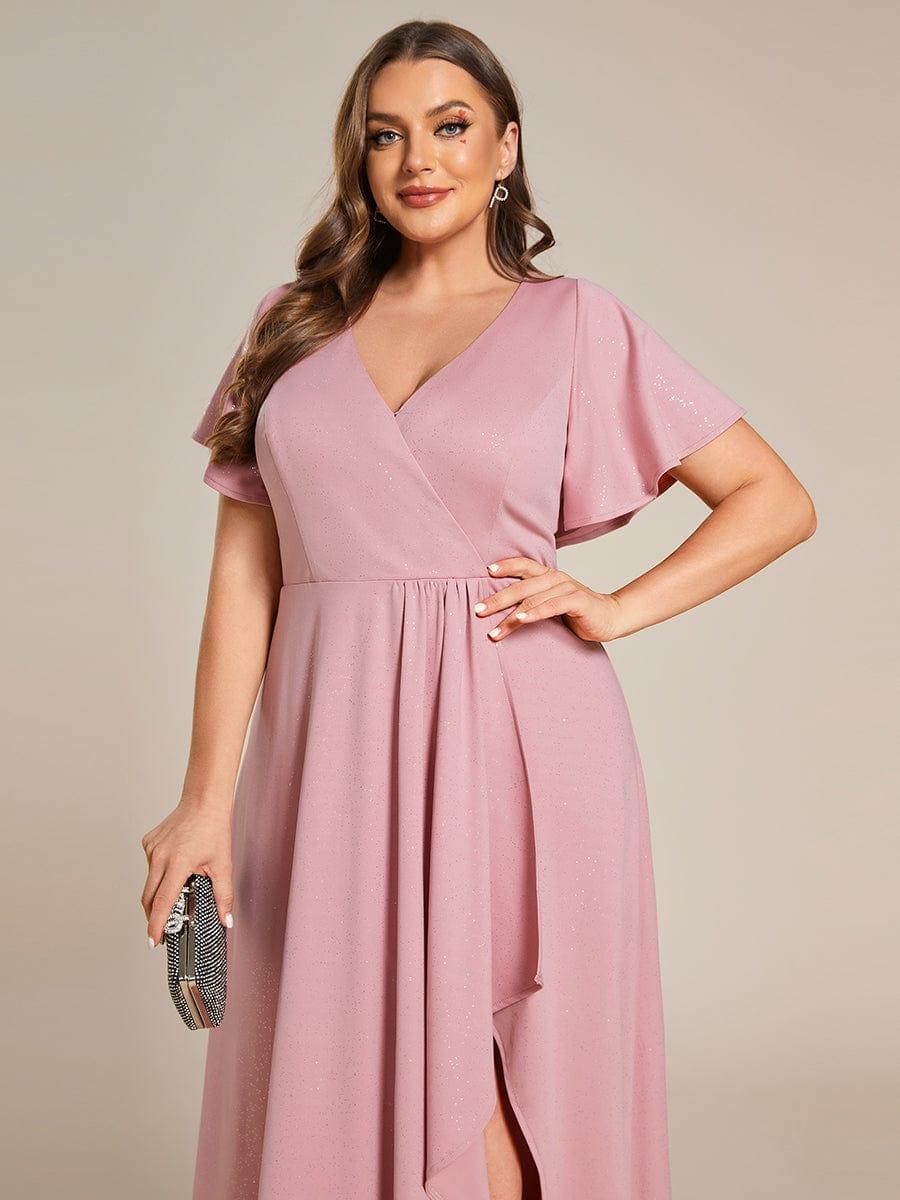 Empire-Waist A-Line Glitter Ruffles High-Low Plus Size Evening Dress with Slit