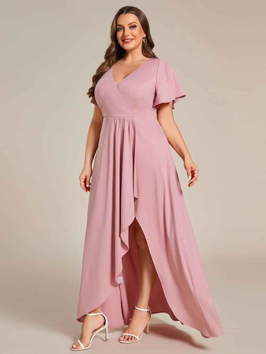 Empire-Waist A-Line Glitter Ruffles High-Low Plus Size Evening Dress with Slit
