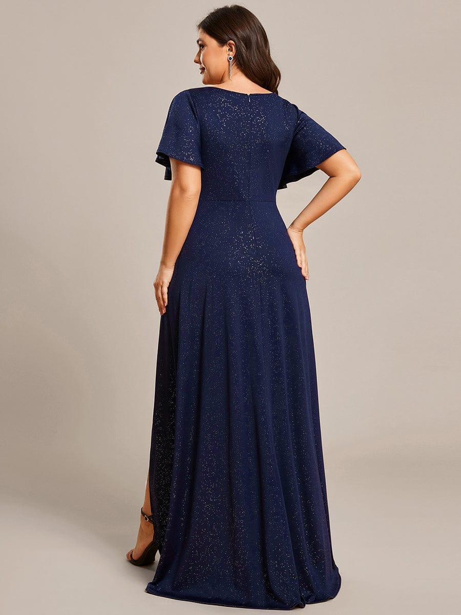 Empire-Waist A-Line Glitter Ruffles High-Low Plus Size Evening Dress with Slit