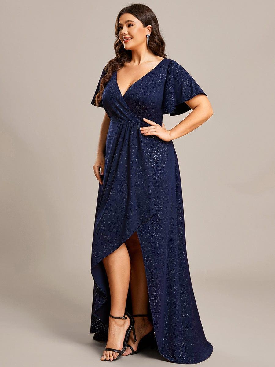 Empire-Waist A-Line Glitter Ruffles High-Low Plus Size Evening Dress with Slit
