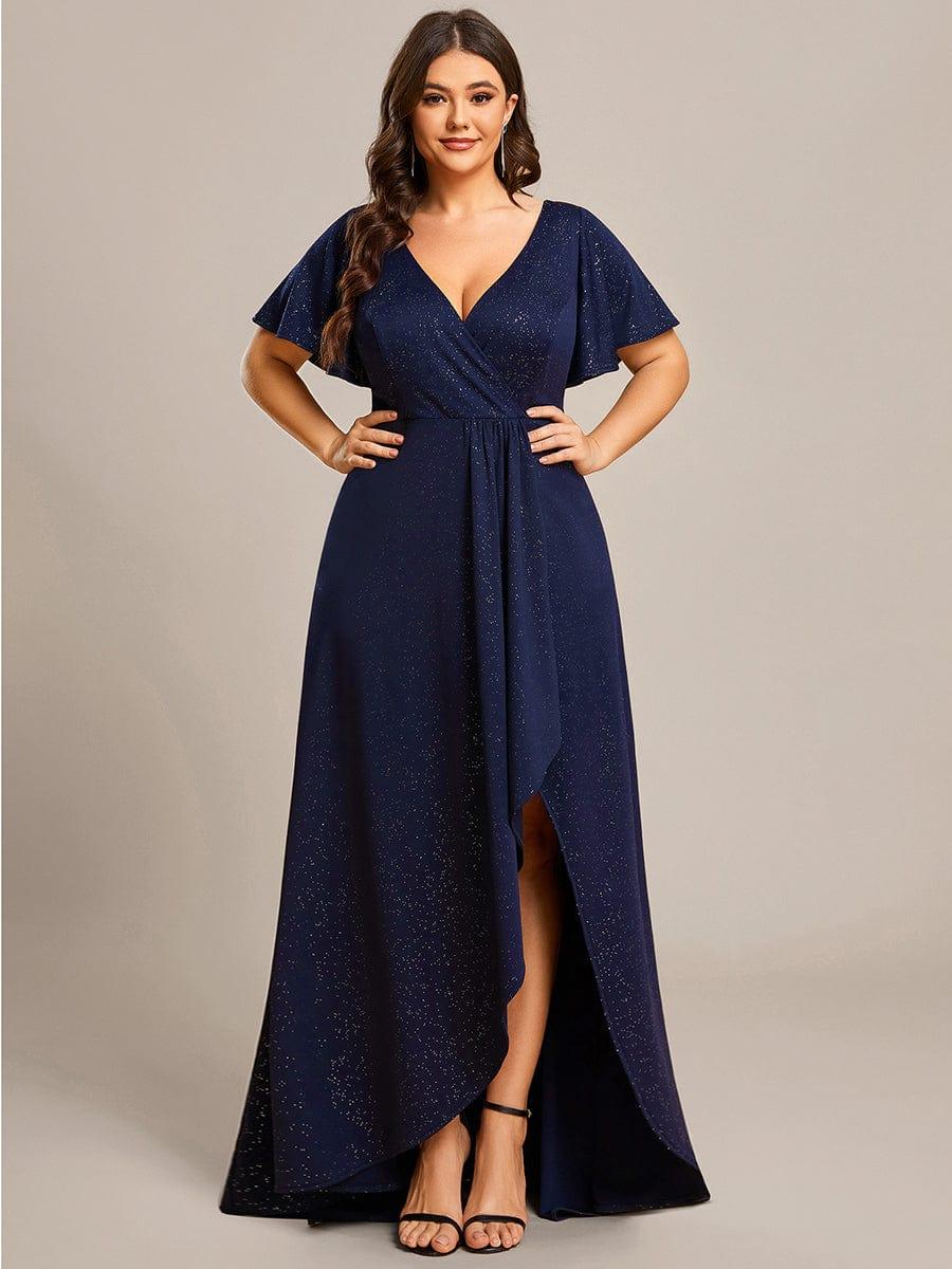 Empire-Waist A-Line Glitter Ruffles High-Low Plus Size Evening Dress with Slit