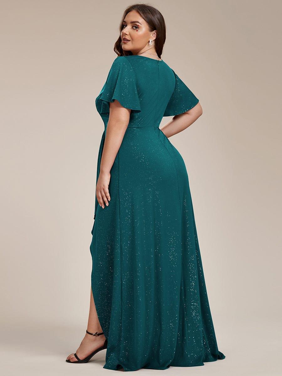 Empire-Waist A-Line Glitter Ruffles High-Low Plus Size Evening Dress with Slit