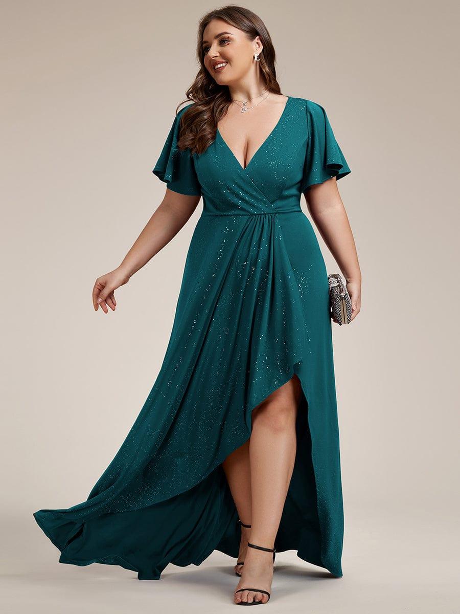 Empire-Waist A-Line Glitter Ruffles High-Low Plus Size Evening Dress with Slit