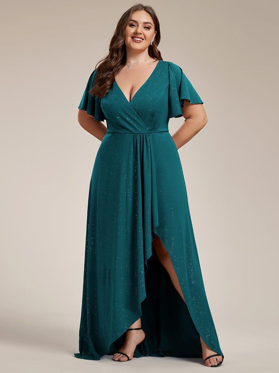 Empire-Waist A-Line Glitter Ruffles High-Low Plus Size Evening Dress with Slit