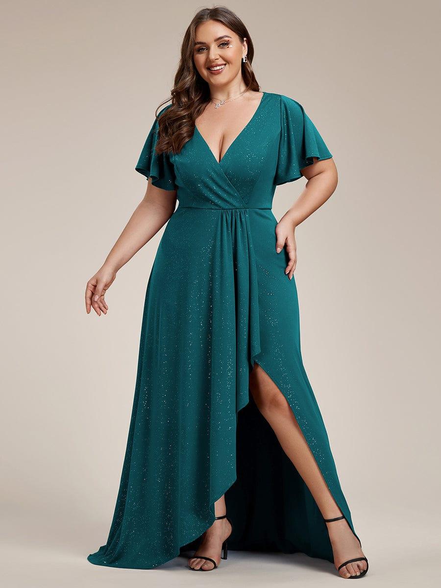 Empire-Waist A-Line Glitter Ruffles High-Low Plus Size Evening Dress with Slit
