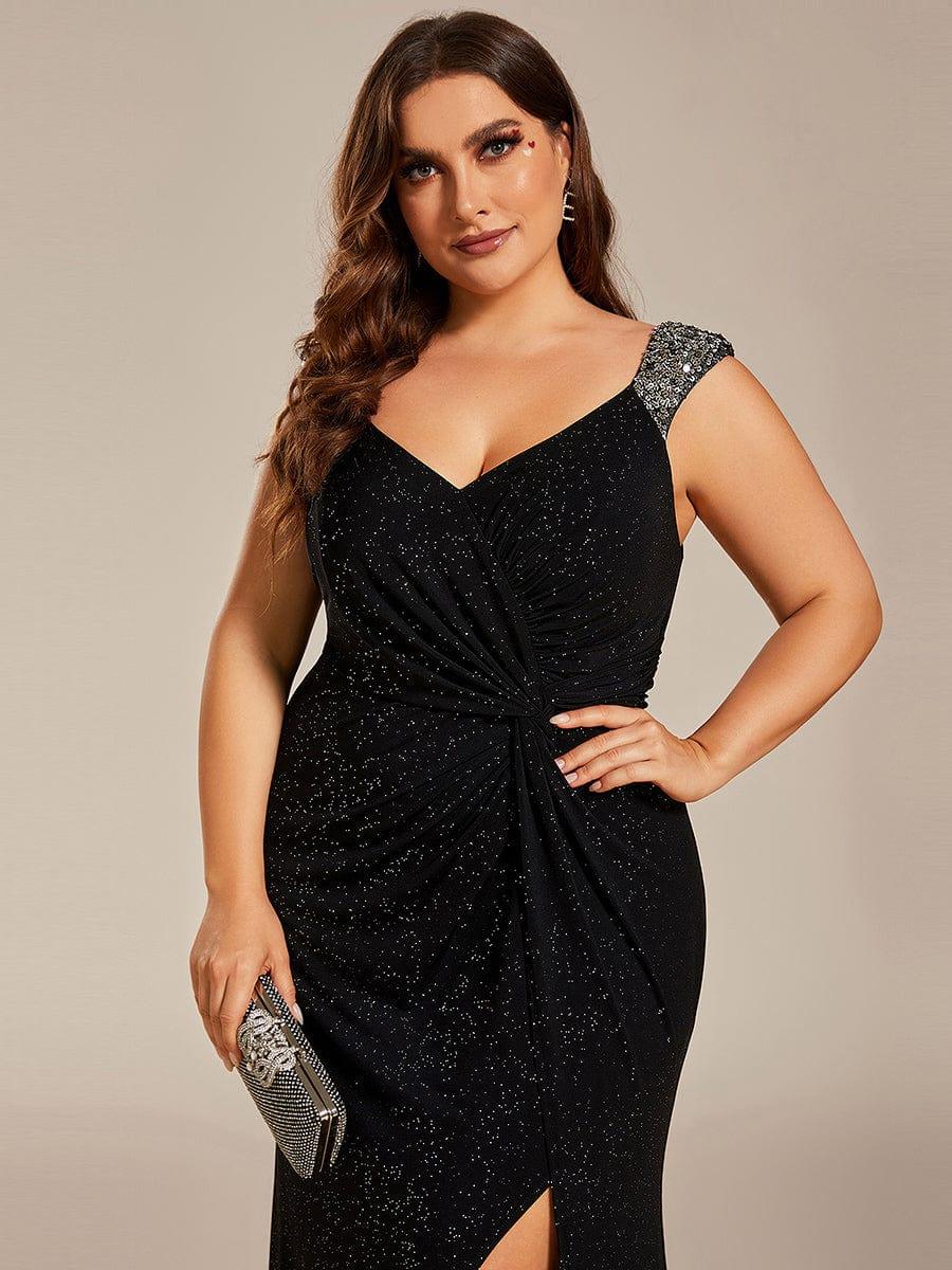 Plus Size Mermaid Glitter V-Neck Sleeveless High Slit Evening Dress