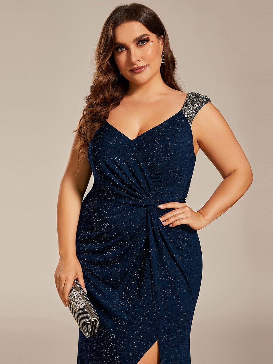 Plus Size Mermaid Glitter V-Neck Sleeveless High Slit Evening Dress
