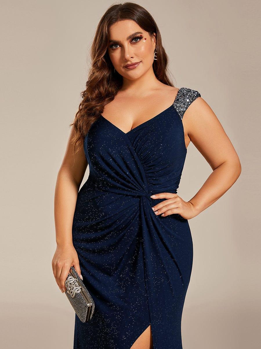 Glitter V-Neck Straps Pleated Wedding Guest Dress with High Slit