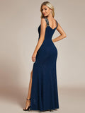 Glitter Sheath V-Neck Straps Sleeveless Side Slit Evening Dress