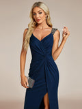 Classy Double Straps V-Neck Side Slit Glitter Evening Dress
