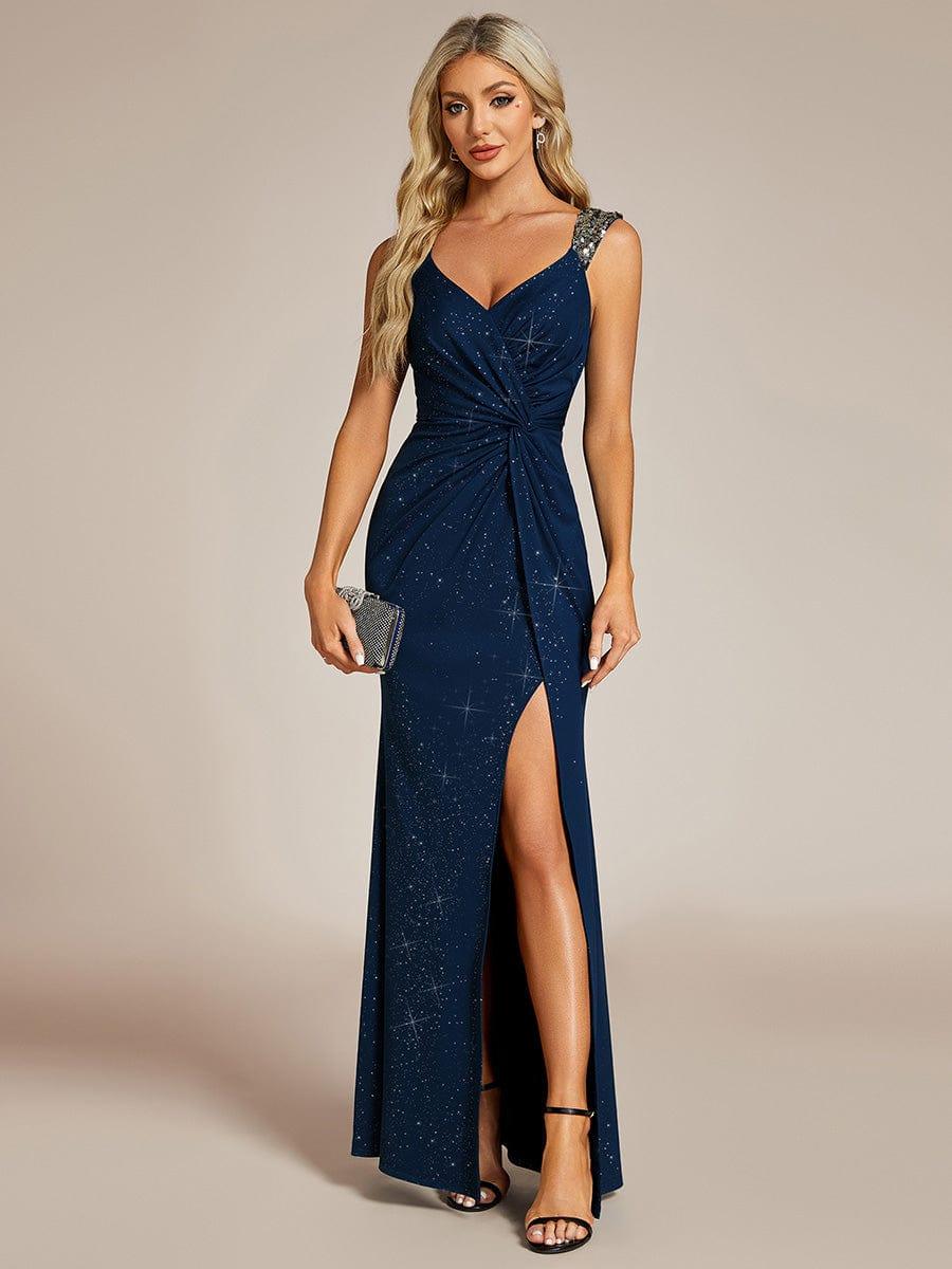 Glitter Sheath V-Neck Straps Sleeveless Side Slit Evening Dress