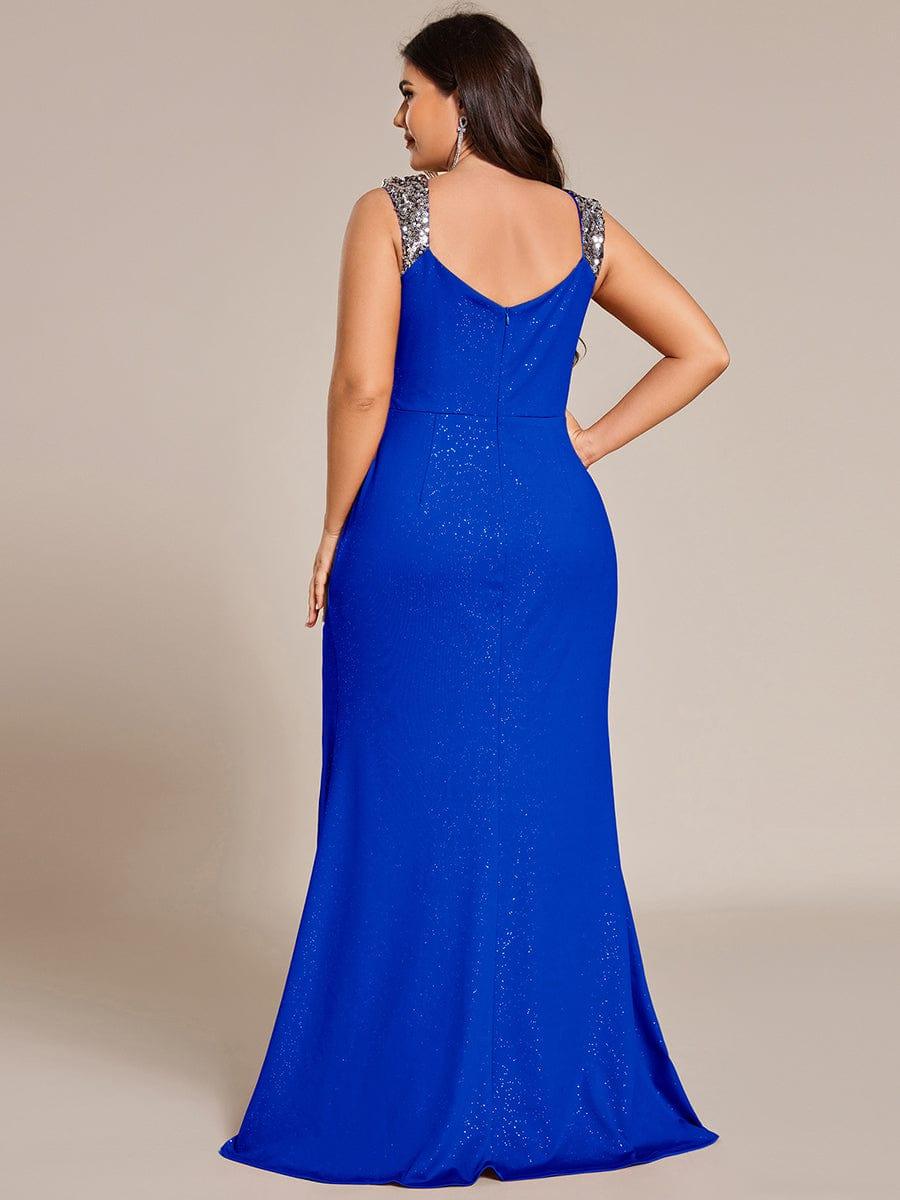 Plus Size Mermaid Glitter V-Neck Sleeveless High Slit Evening Dress