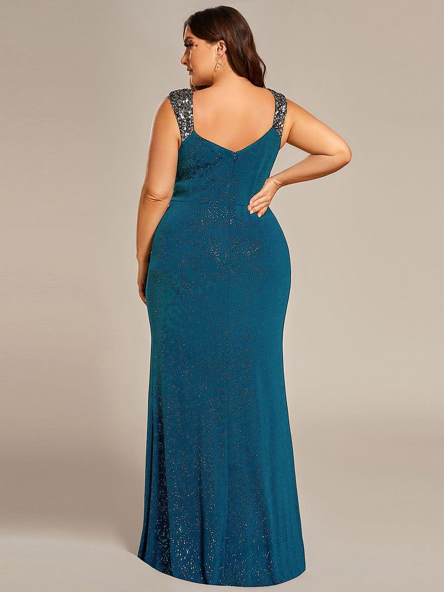 Plus Size Mermaid Glitter V-Neck Sleeveless High Slit Evening Dress