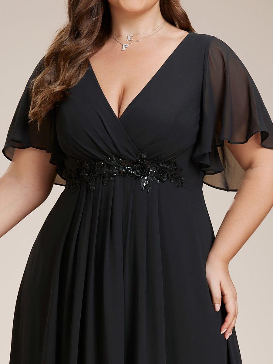A-Line Floral Applique Empire-Waist Short Sleeve Chiffon Formal Evening Dress