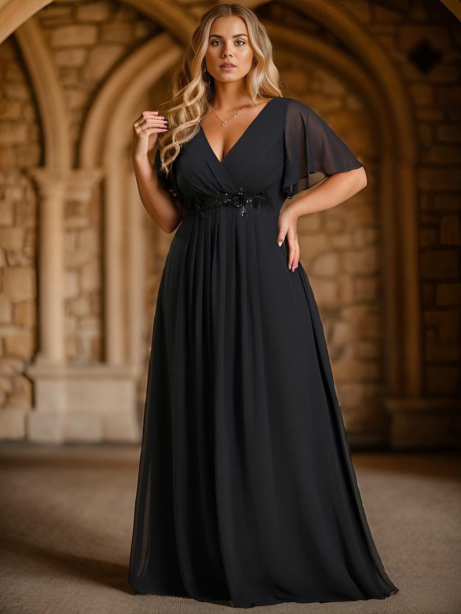 A-Line Floral Applique Empire-Waist Short Sleeve Chiffon Formal Evening Dress
