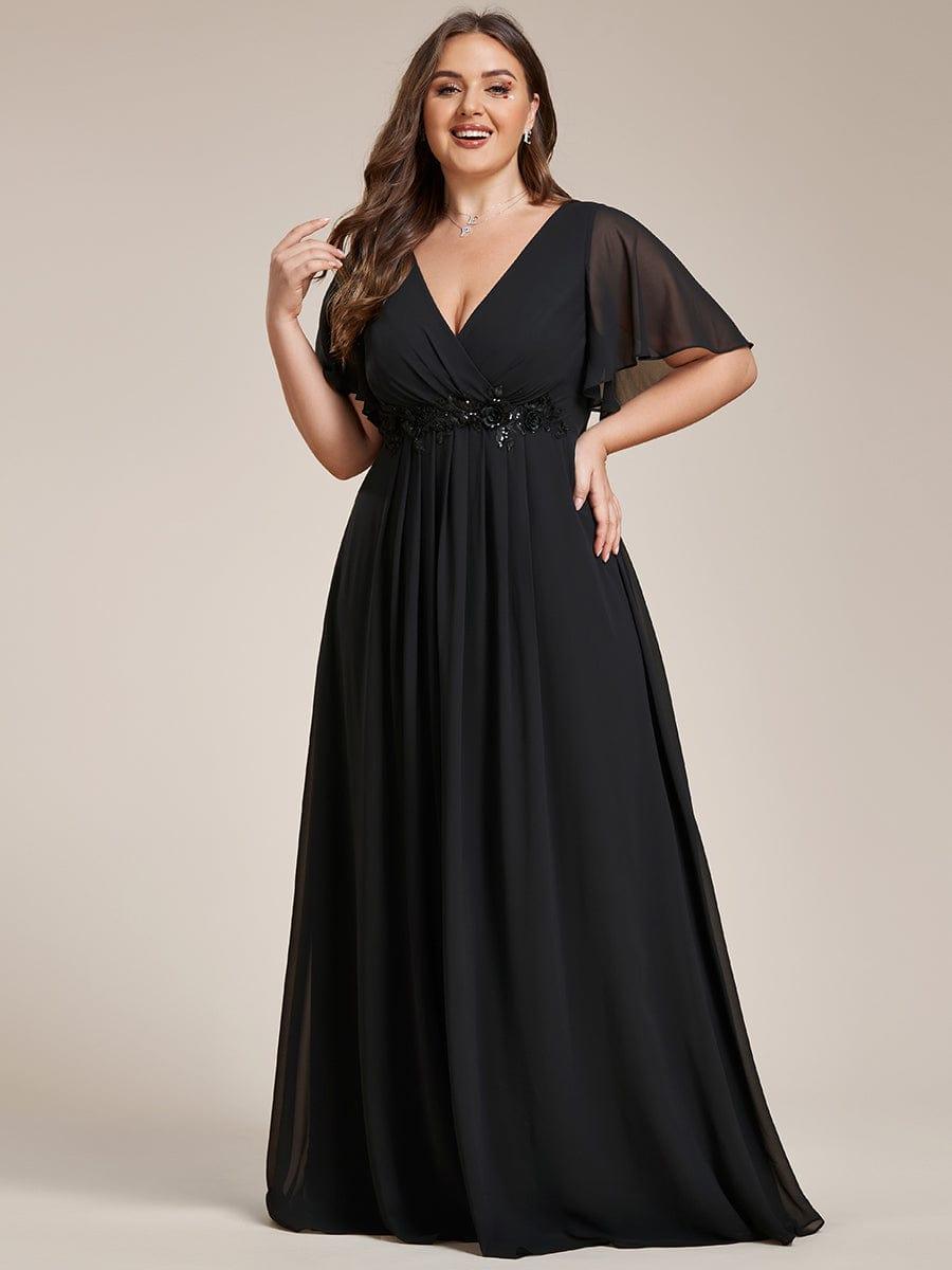 A-Line Floral Applique Empire-Waist Short Sleeve Chiffon Formal Evening Dress