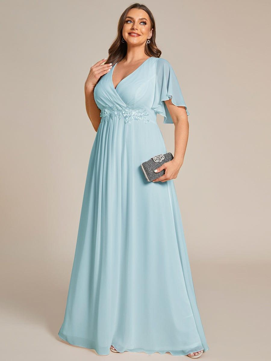 A-Line Floral Applique Empire-Waist Short Sleeve Chiffon Formal Evening Dress