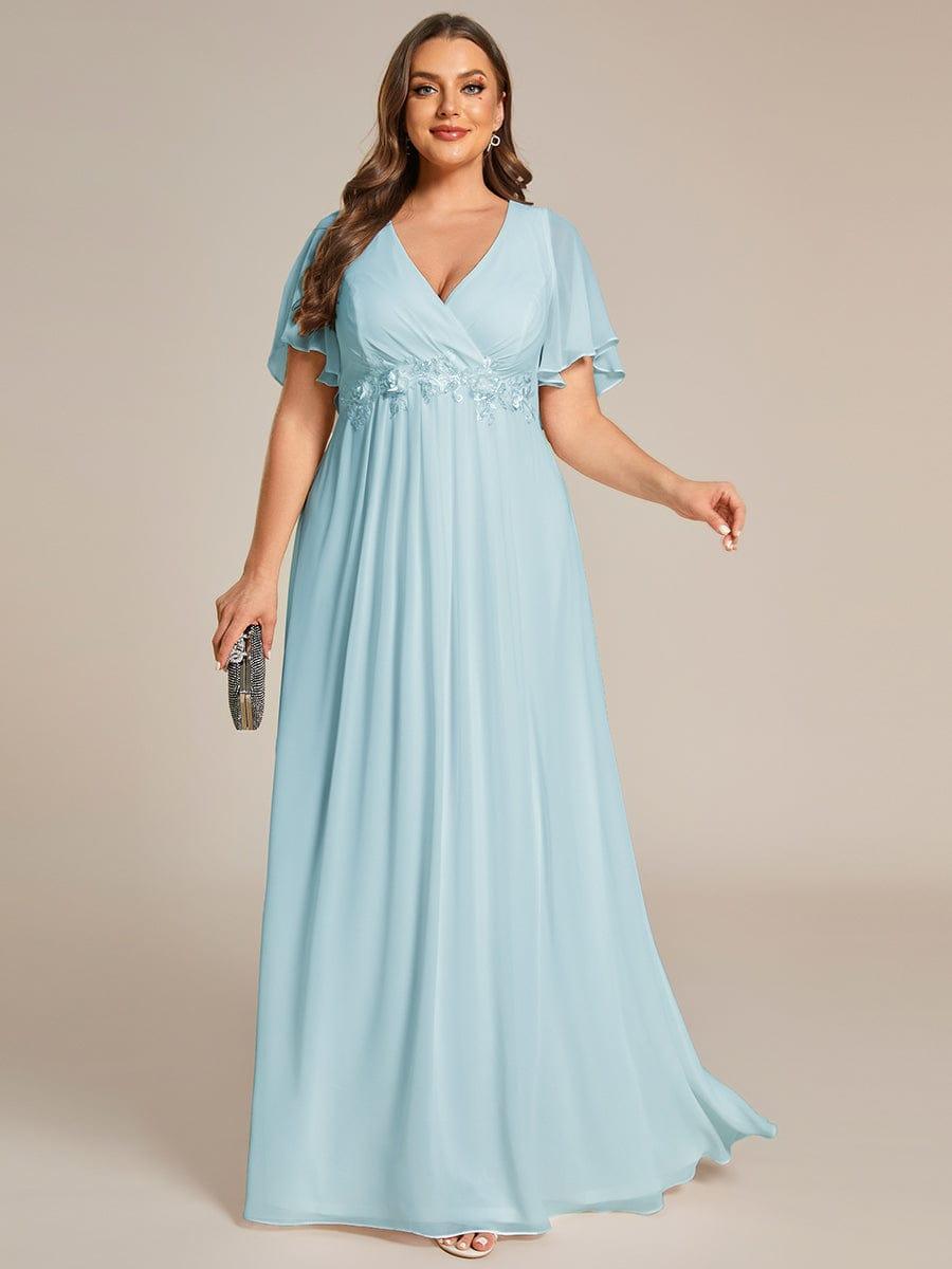 A-Line Floral Applique Empire-Waist Short Sleeve Chiffon Formal Evening Dress