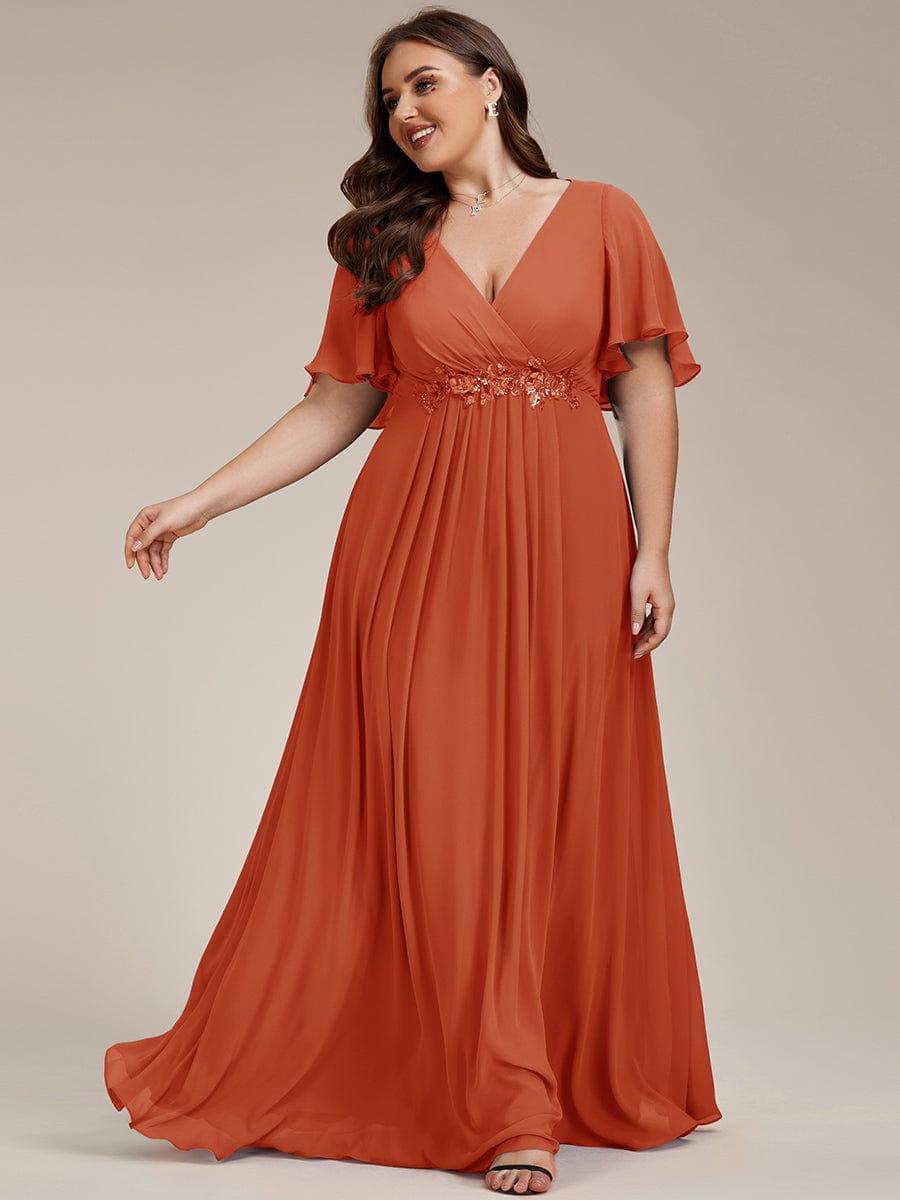 A-Line Floral Applique Empire-Waist Short Sleeve Chiffon Formal Evening Dress