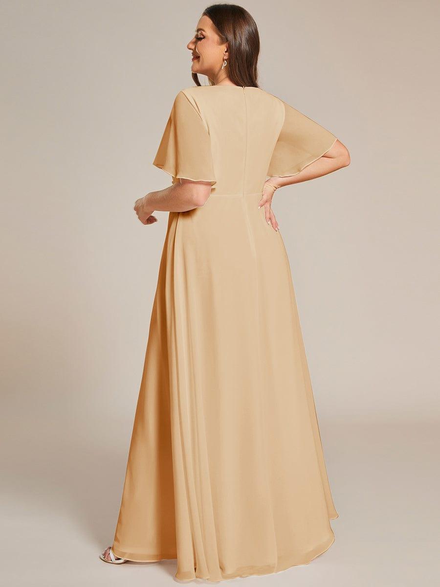 A-Line Floral Applique Empire-Waist Short Sleeve Chiffon Formal Evening Dress