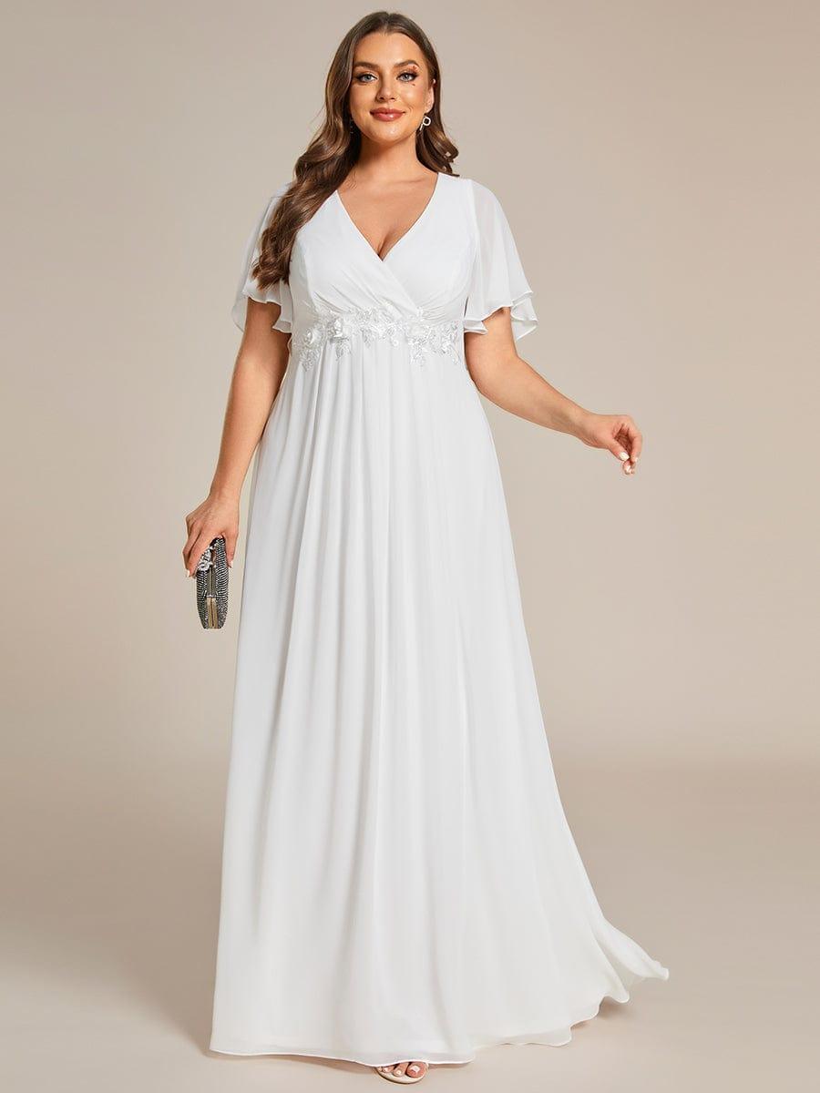 A-Line Floral Applique Empire-Waist Short Sleeve Chiffon Formal Evening Dress