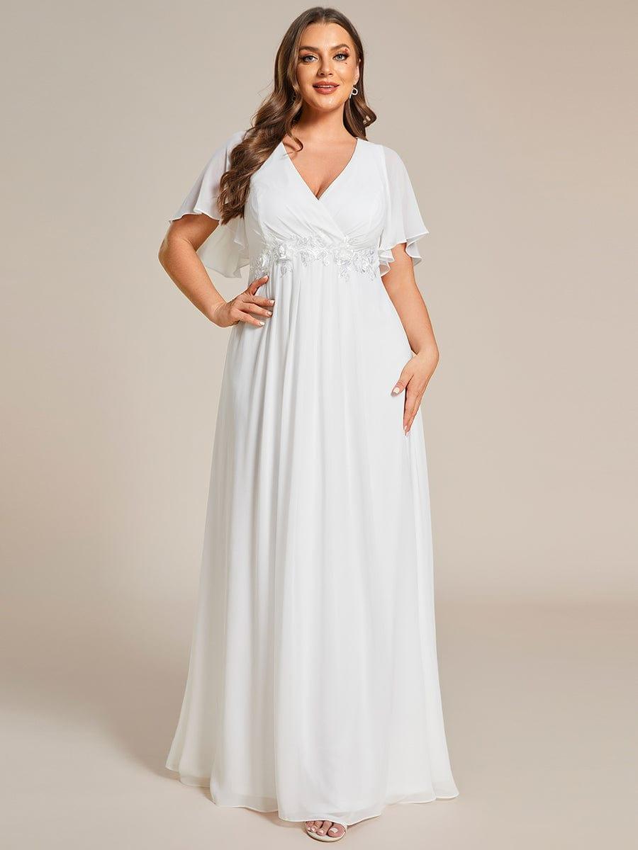 A-Line Floral Applique Empire-Waist Short Sleeve Chiffon Formal Evening Dress