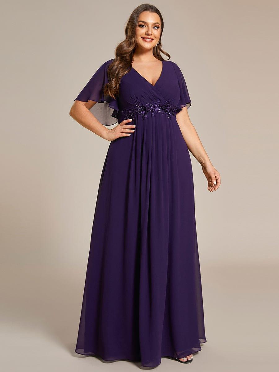 A-Line Floral Applique Empire-Waist Short Sleeve Chiffon Formal Evening Dress