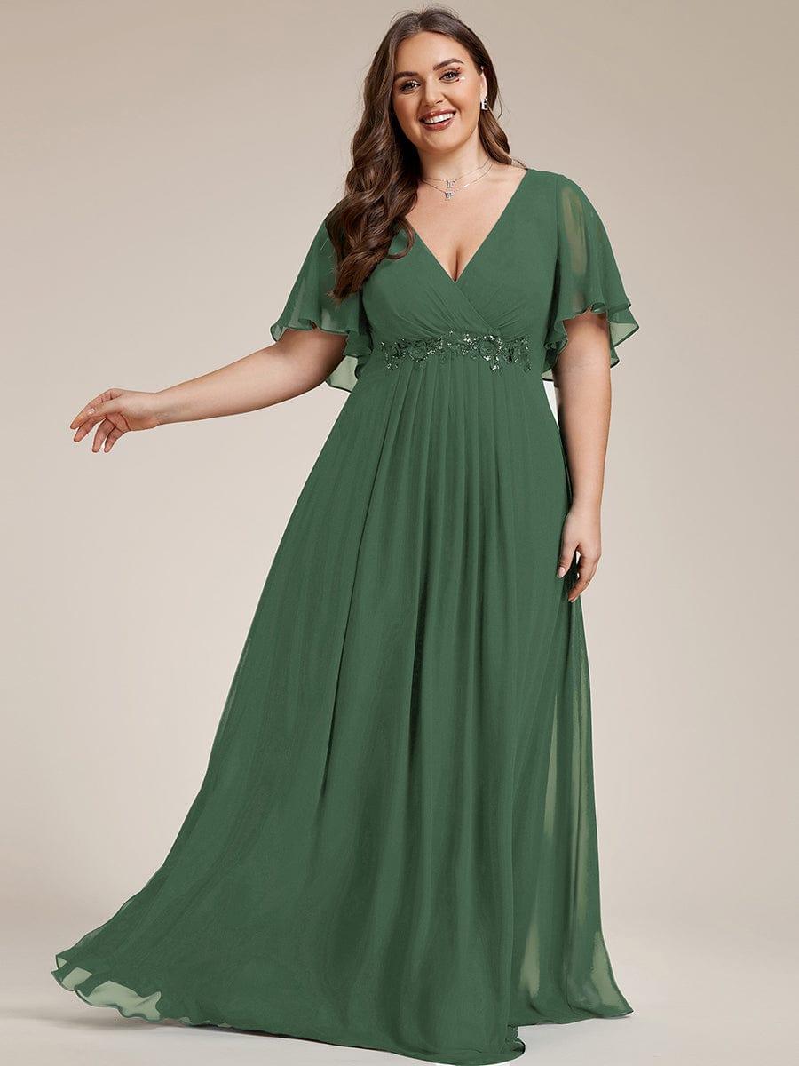 A-Line Floral Applique Empire-Waist Short Sleeve Chiffon Formal Evening Dress