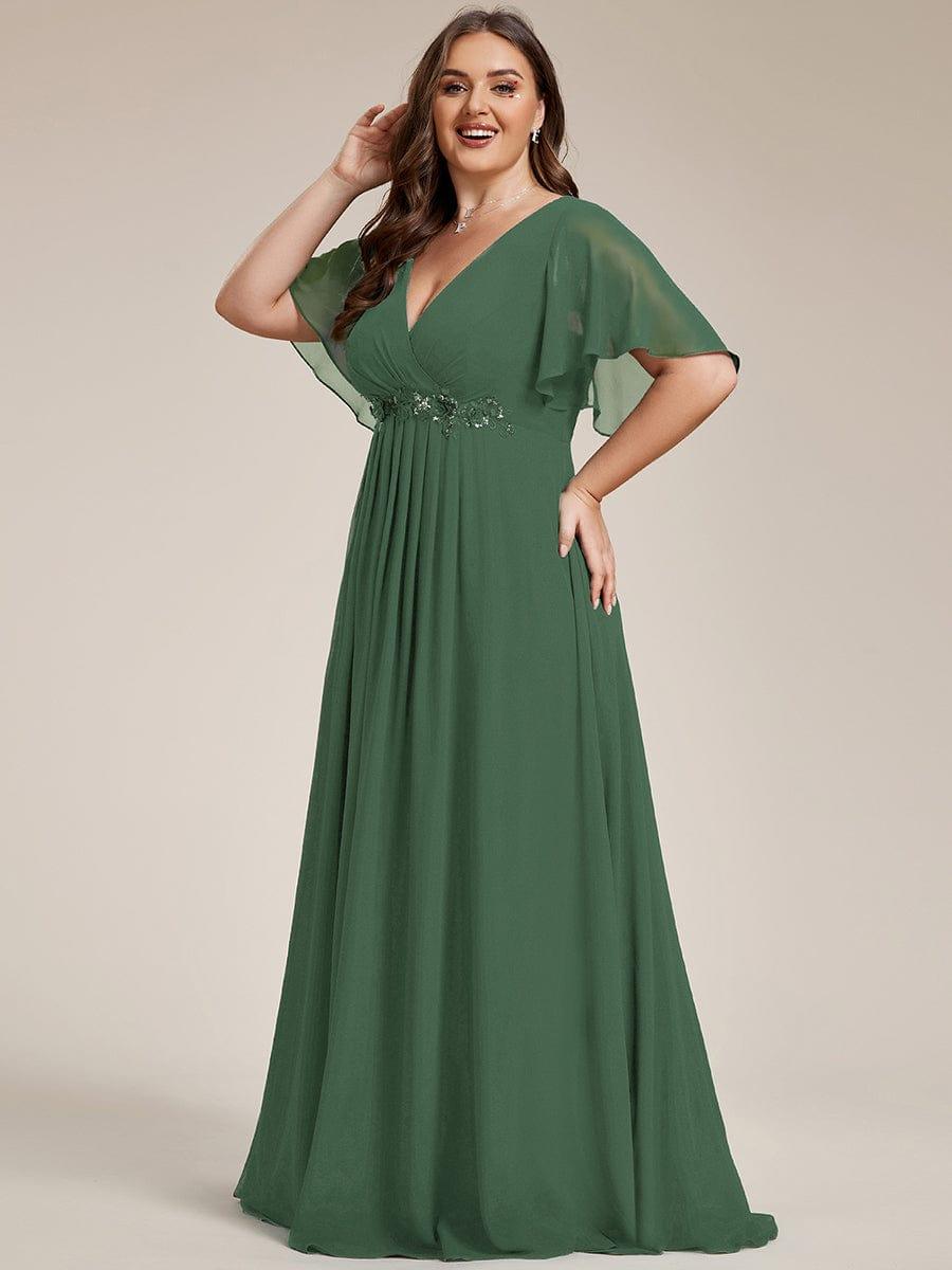 A-Line Floral Applique Empire-Waist Short Sleeve Chiffon Formal Evening Dress