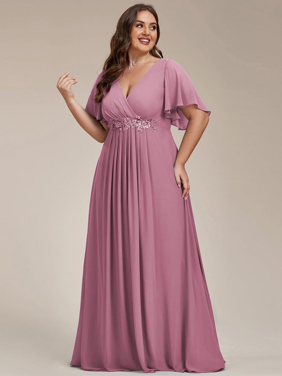 A-Line Floral Applique Empire-Waist Short Sleeve Chiffon Formal Evening Dress