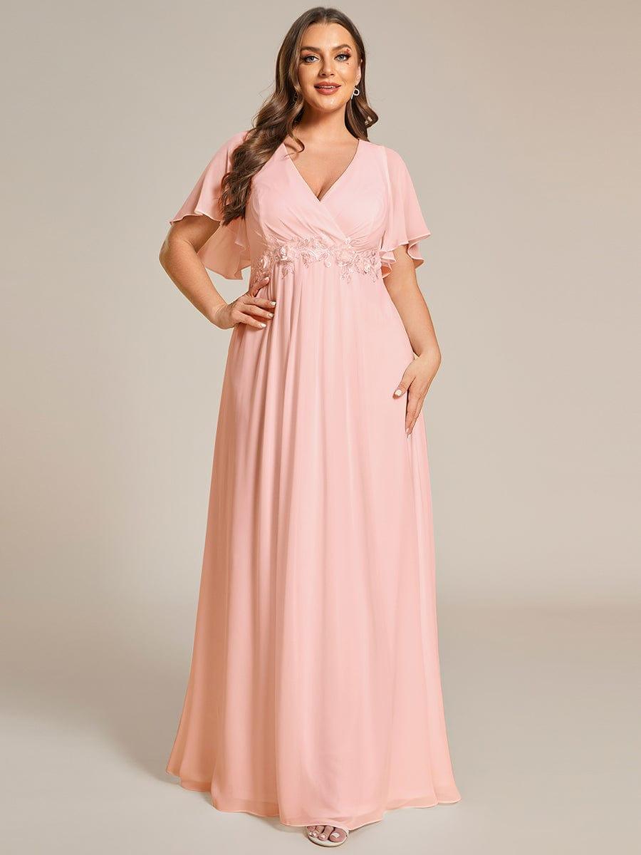 A-Line Floral Applique Empire-Waist Short Sleeve Chiffon Formal Evening Dress