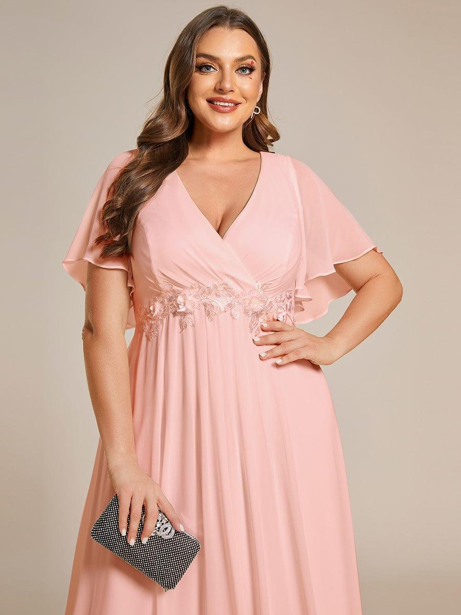 A-Line Floral Applique Empire-Waist Short Sleeve Chiffon Formal Evening Dress