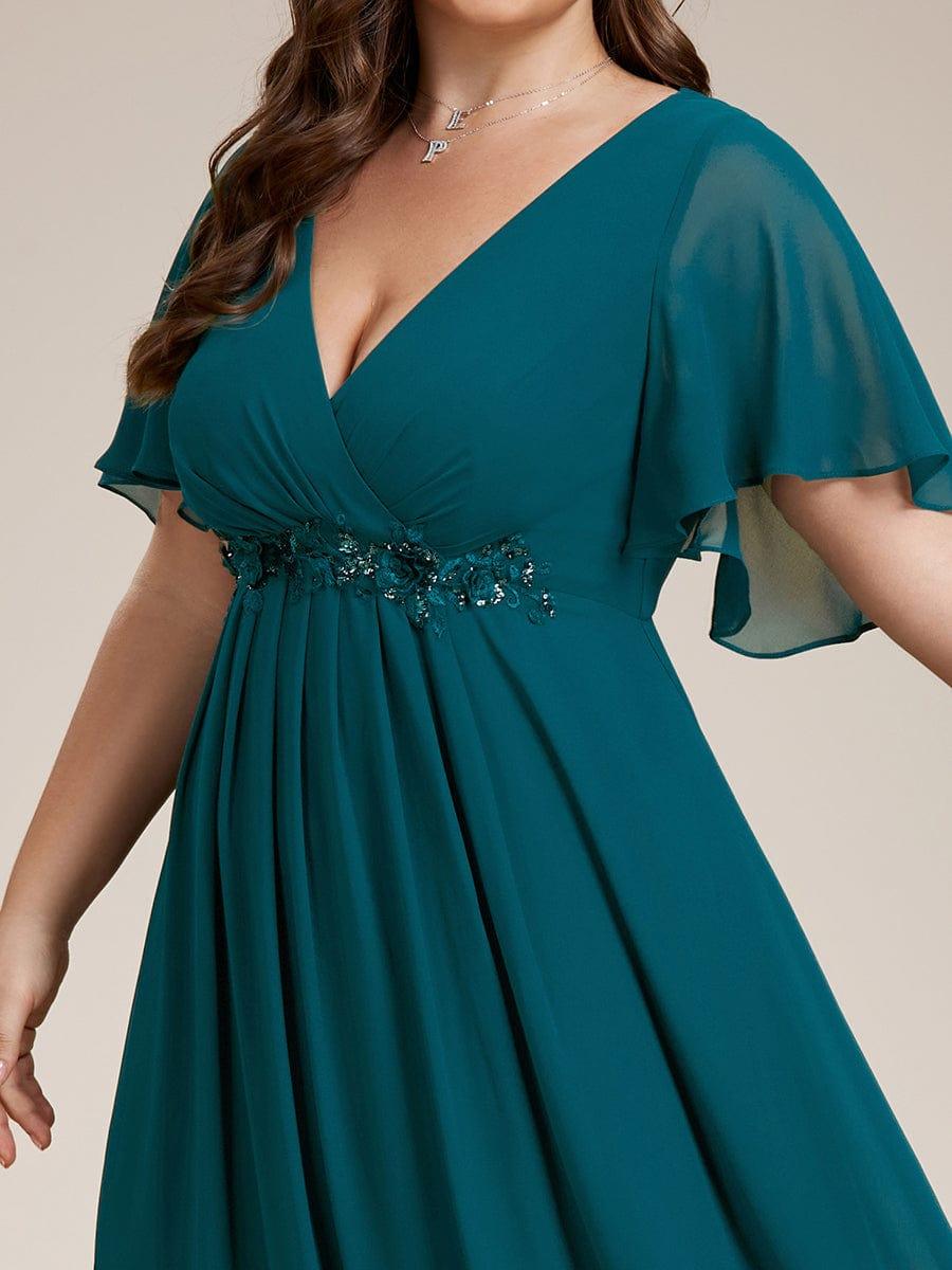 A-Line Floral Applique Empire-Waist Short Sleeve Chiffon Formal Evening Dress