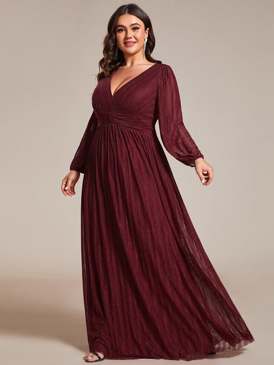 A-Line Plus Size Empire-Waist V-Neck Evening Dress with Long Sleeves
