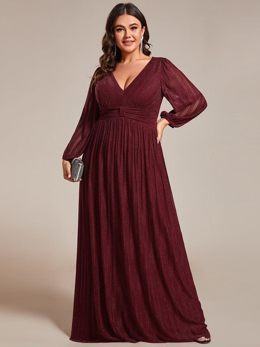 A-Line Plus Size Empire-Waist V-Neck Evening Dress with Long Sleeves